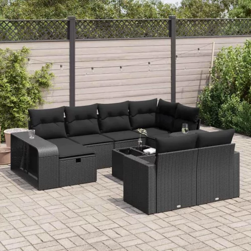  11 részes fekete polyrattan kerti ülőgarnitúra párnákkal