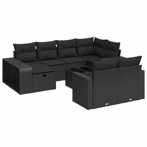  11 részes fekete polyrattan kerti ülőgarnitúra párnákkal