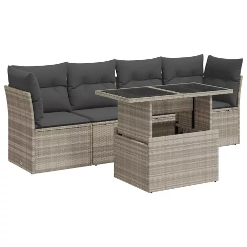  5 részes világosszürke polyrattan kerti ülőgarnitúra párnákkal