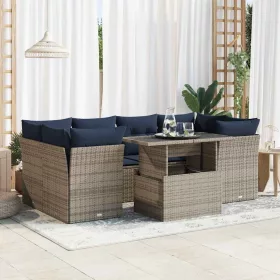    7 részes szürke polyrattan akácfa kerti ülőgarnitúra párnákkal