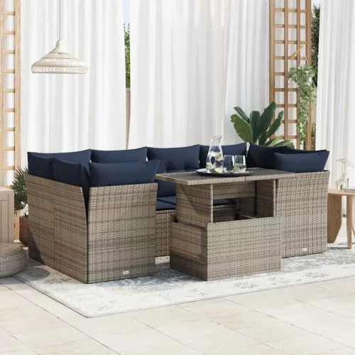  7 részes szürke polyrattan akácfa kerti ülőgarnitúra párnákkal