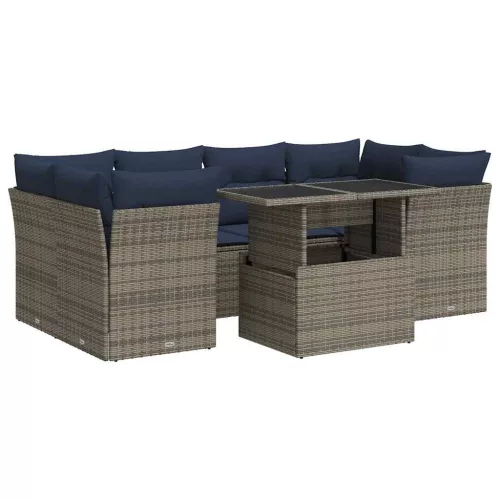 7 részes szürke polyrattan akácfa kerti ülőgarnitúra párnákkal
