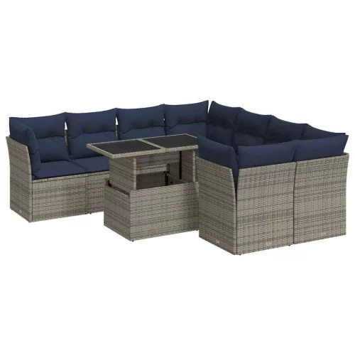  9 részes szürke polyrattan akácfa kerti ülőgarnitúra párnákkal
