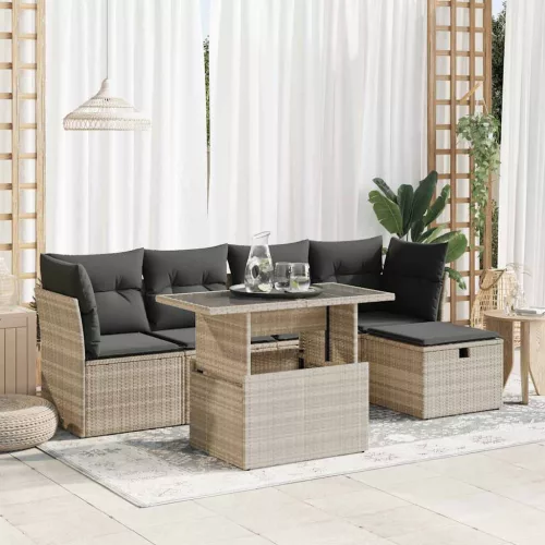  6 részes világosszürke polyrattan kerti ülőgarnitúra párnákkal