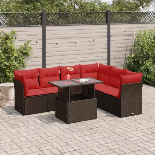  7 részes szürke polyrattan akácfa kerti ülőgarnitúra párnákkal
