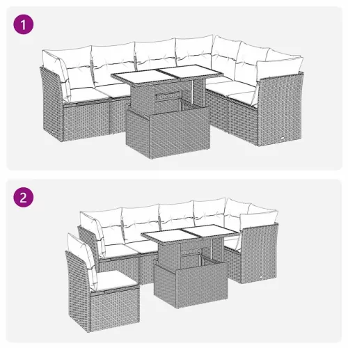  7 részes szürke polyrattan akácfa kerti ülőgarnitúra párnákkal