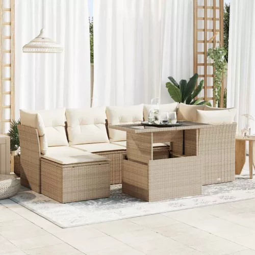  7 részes bézs polyrattan kerti ülőgarnitúra párnákkal