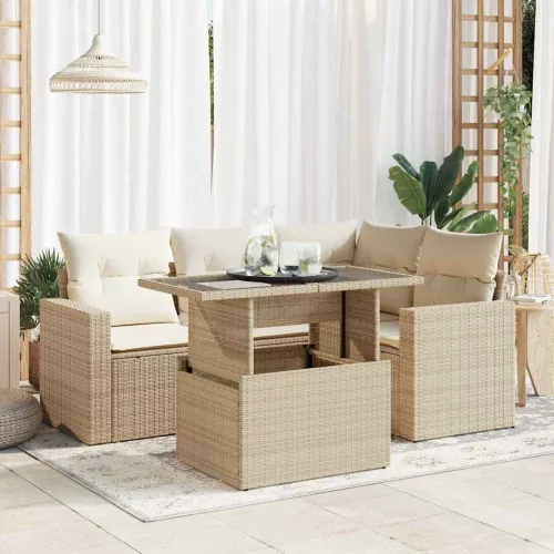  5 részes bézs polyrattan kerti ülőgarnitúra párnákkal