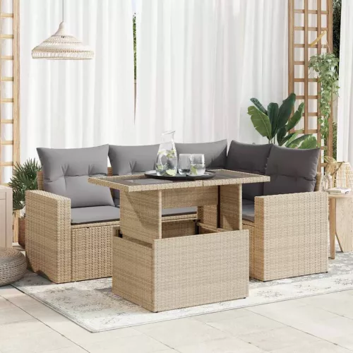  5 részes bézs polyrattan kerti ülőgarnitúra párnákkal