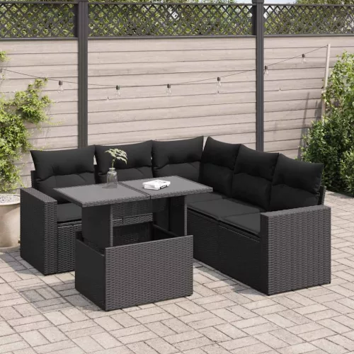  6 részes fekete polyrattan kerti ülőgarnitúra párnákkal