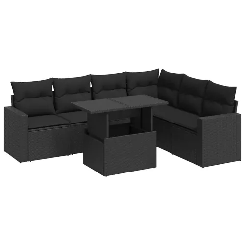  7 részes fekete polyrattan kerti ülőgarnitúra párnával