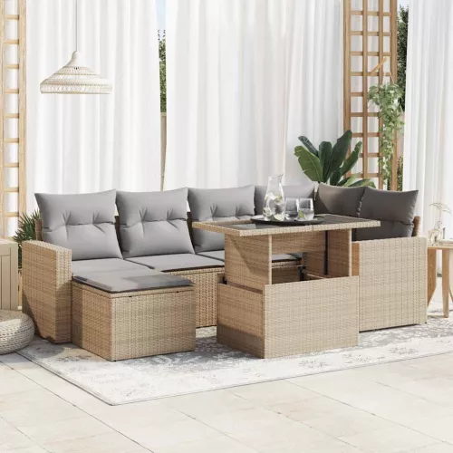  7 részes bézs polyrattan kerti ülőgarnitúra párnákkal