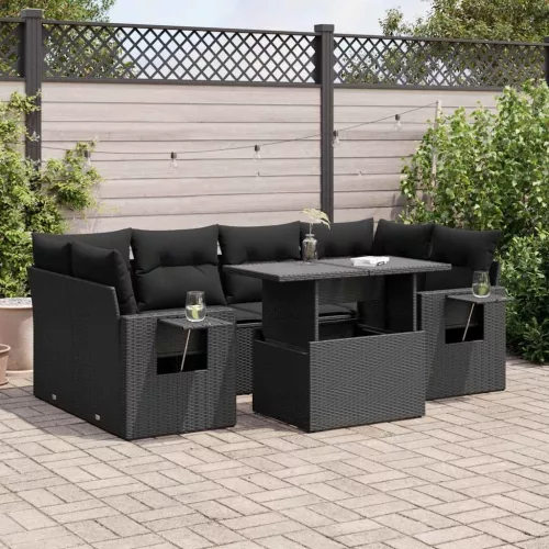  7 részes fekete polyrattan kerti ülőgarnitúra párnával