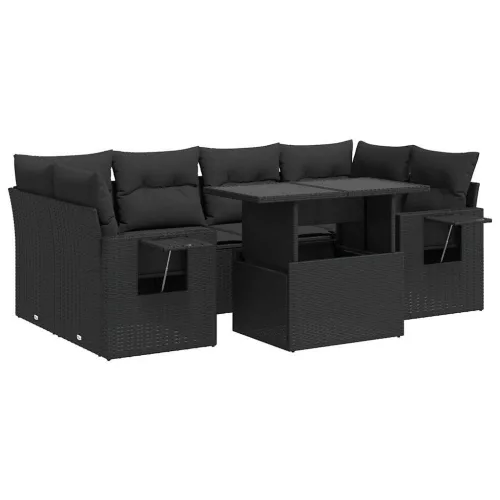  7 részes fekete polyrattan kerti ülőgarnitúra párnával