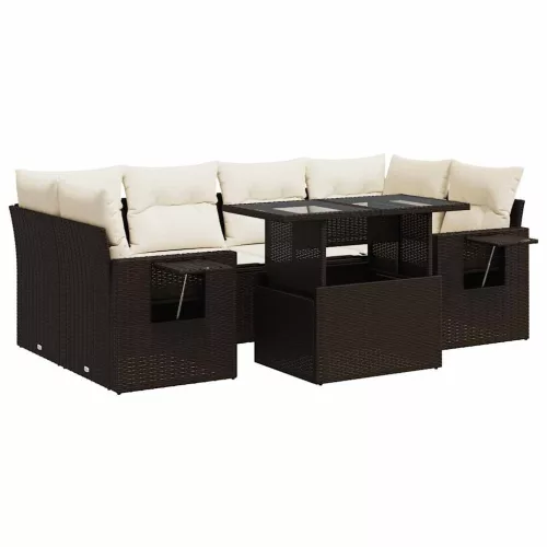  7 részes barna polyrattan kerti ülőgarnitúra párnákkal