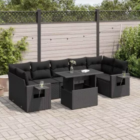    8 részes fekete polyrattan kerti ülőgarnitúra párnákkal