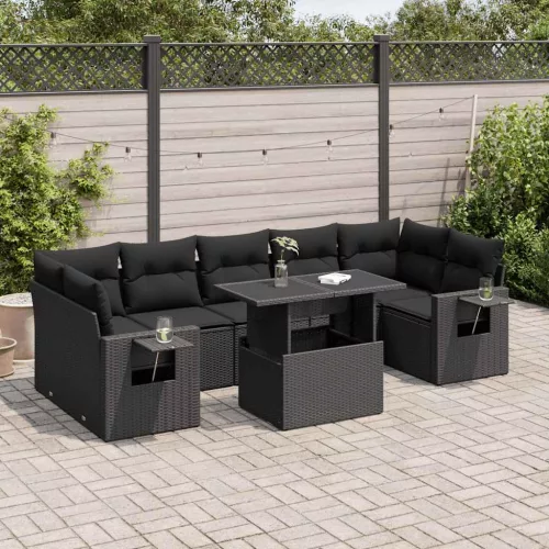  8 részes fekete polyrattan kerti ülőgarnitúra párnákkal