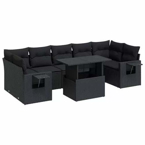  8 részes fekete polyrattan kerti ülőgarnitúra párnákkal