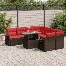    9 részes szürke polyrattan akácfa kerti ülőgarnitúra párnákkal