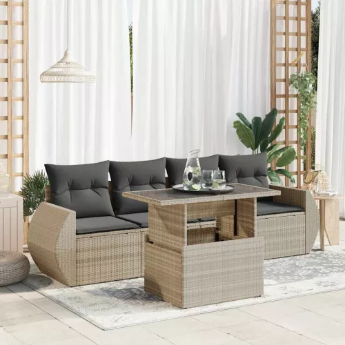  5 részes világosszürke polyrattan kerti ülőgarnitúra párnákkal