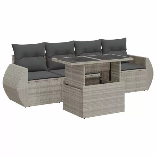  5 részes világosszürke polyrattan kerti ülőgarnitúra párnákkal