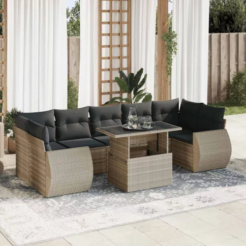  8 részes világosszürke polyrattan kerti ülőgarnitúra párnával