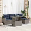  6 részes szürke polyrattan akácfa kerti ülőgarnitúra párnákkal