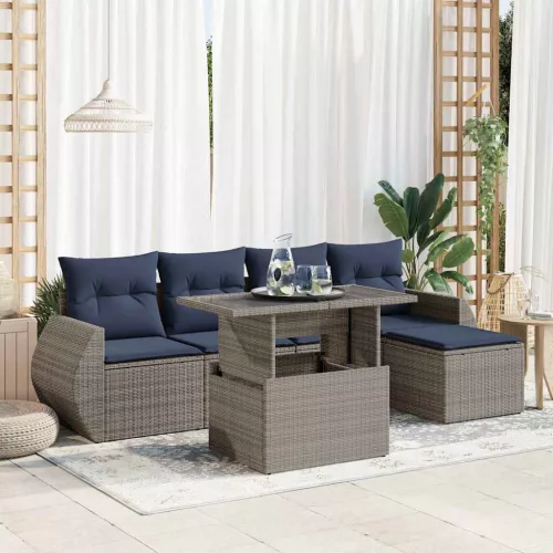  6 részes szürke polyrattan akácfa kerti ülőgarnitúra párnákkal