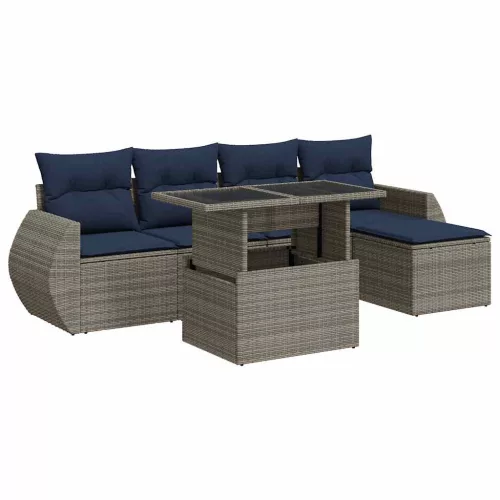  6 részes szürke polyrattan akácfa kerti ülőgarnitúra párnákkal