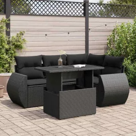  5 részes fekete polyrattan kerti kanapészett párnákkal