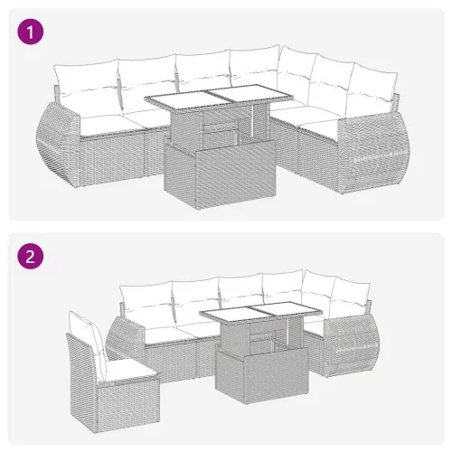  7 részes szürke polyrattan kerti ülőgarnitúra párnákkal