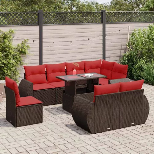  9 részes barna polyrattan akácfa kerti ülőgarnitúra párnákkal