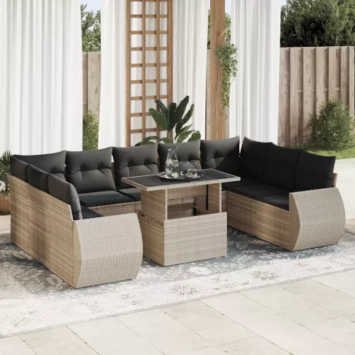  10 részes világosszürke polyrattan kerti ülőgarnitúra párnákkal