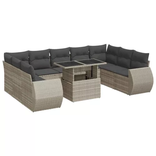  10 részes világosszürke polyrattan kerti ülőgarnitúra párnákkal