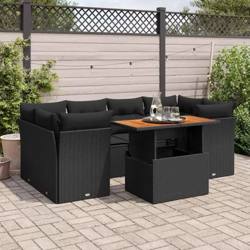  7 részes fekete polyrattan kerti ülőgarnitúra párnával