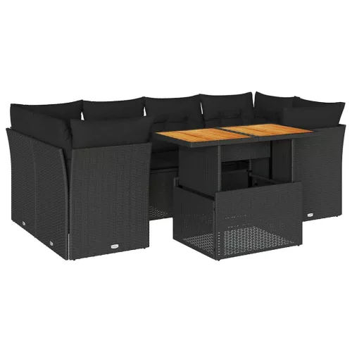  7 részes fekete polyrattan kerti ülőgarnitúra párnával