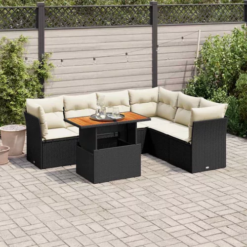  7 részes fekete polyrattan kerti ülőgarnitúra párnával