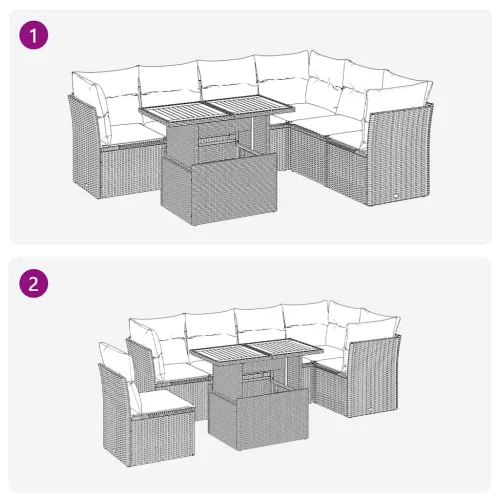  7 részes fekete polyrattan kerti ülőgarnitúra párnával