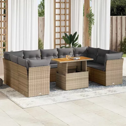  10 részes bézs polyrattan kerti ülőgarnitúra párnával