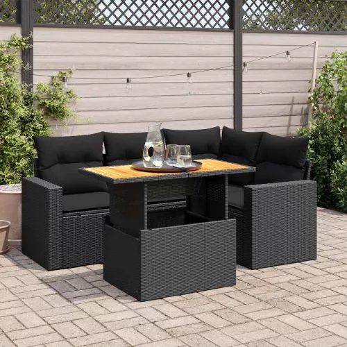  5 részes fekete polyrattan kerti kanapészett párnákkal