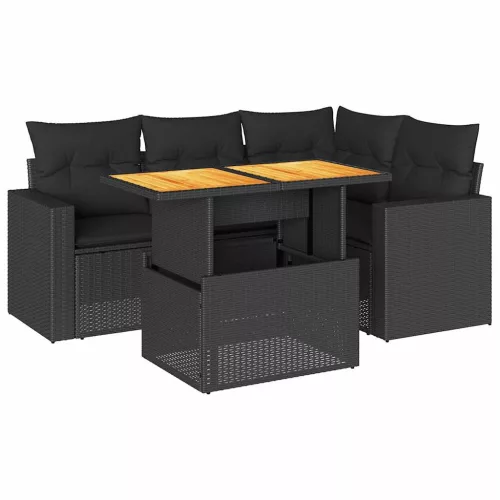  5 részes fekete polyrattan kerti kanapészett párnákkal