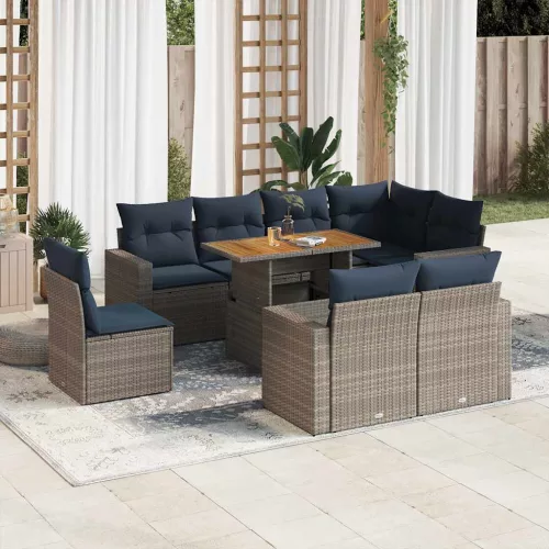  9 részes szürke polyrattan kerti ülőgarnitúra párnákkal