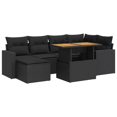  7 részes fekete polyrattan kerti ülőgarnitúra párnával