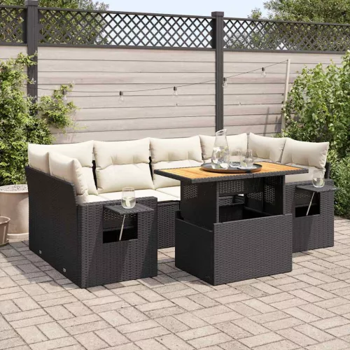  7 részes fekete polyrattan kerti ülőgarnitúra párnával