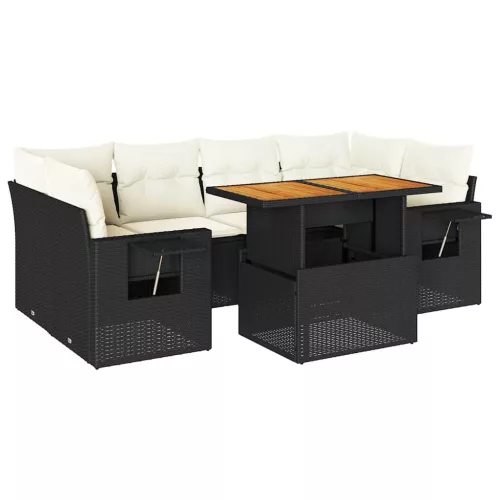  7 részes fekete polyrattan kerti ülőgarnitúra párnával