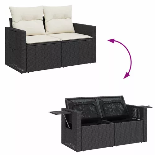  7 részes fekete polyrattan kerti ülőgarnitúra párnával
