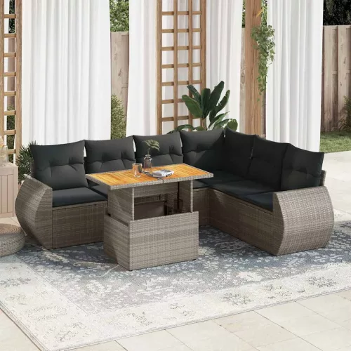  7 részes szürke polyrattan kerti ülőgarnitúra párnákkal