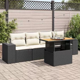  5 részes fekete polyrattan kerti kanapészett párnákkal
