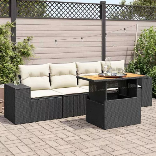  5 részes fekete polyrattan kerti kanapészett párnákkal