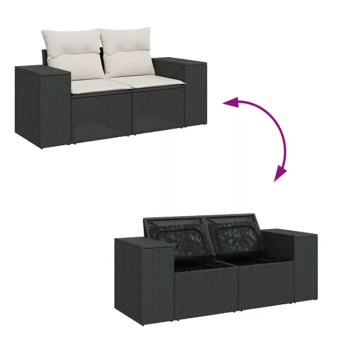  5 részes fekete polyrattan kerti kanapészett párnákkal